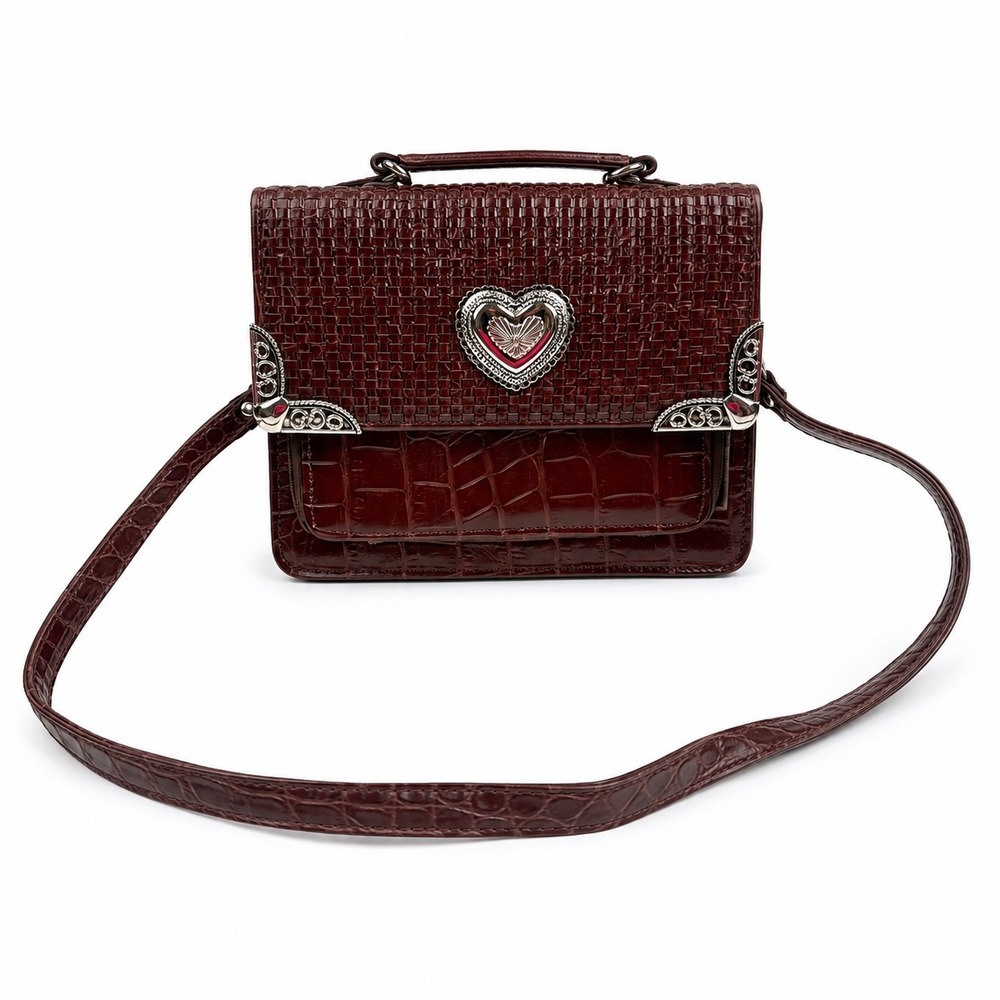 Vintage Y2K Burgundy Faux Croc Woven Heart Western Crossbody Shoulder Bag